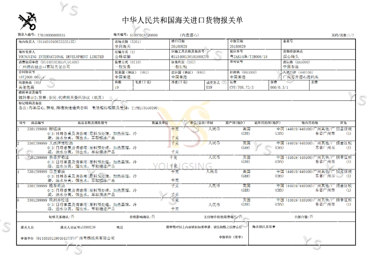 YS垣鑫精油进口关单