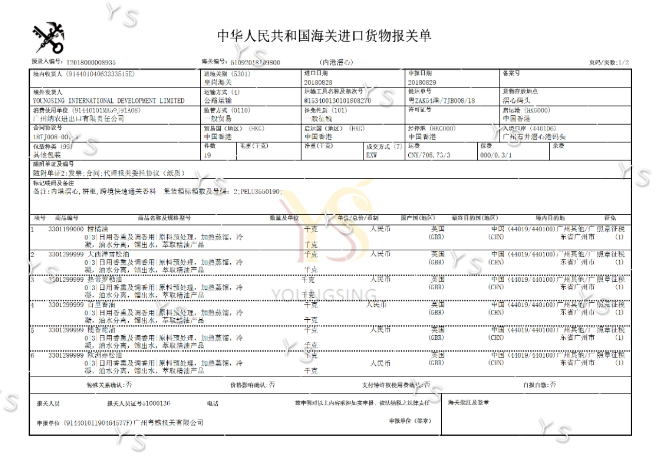 YS垣鑫精油进口关单